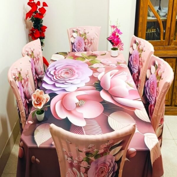 3D Print Dining table Cloth and 06 pieces chair cover Full Set-07
